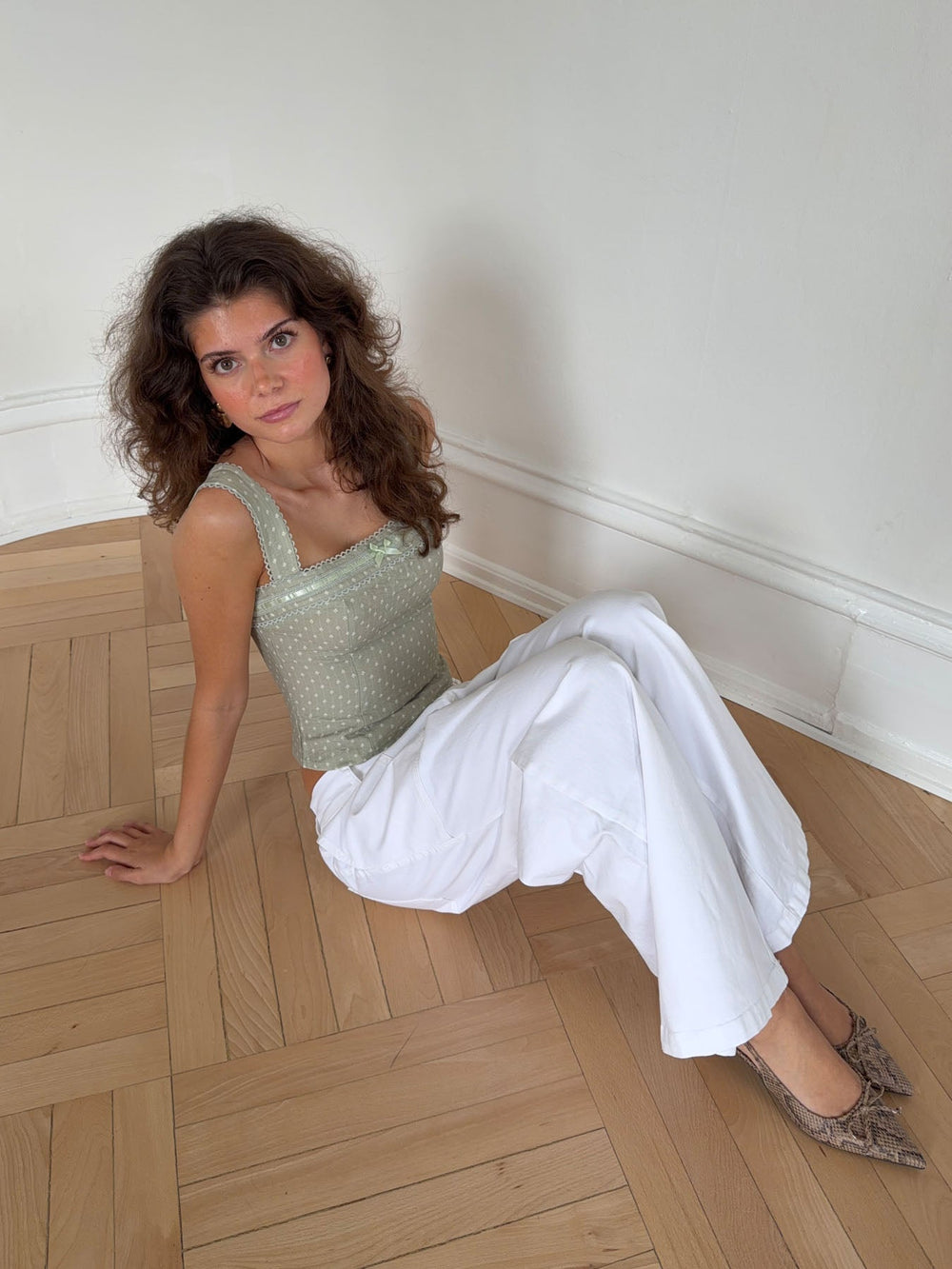 Icana top with flowers - Green/white
