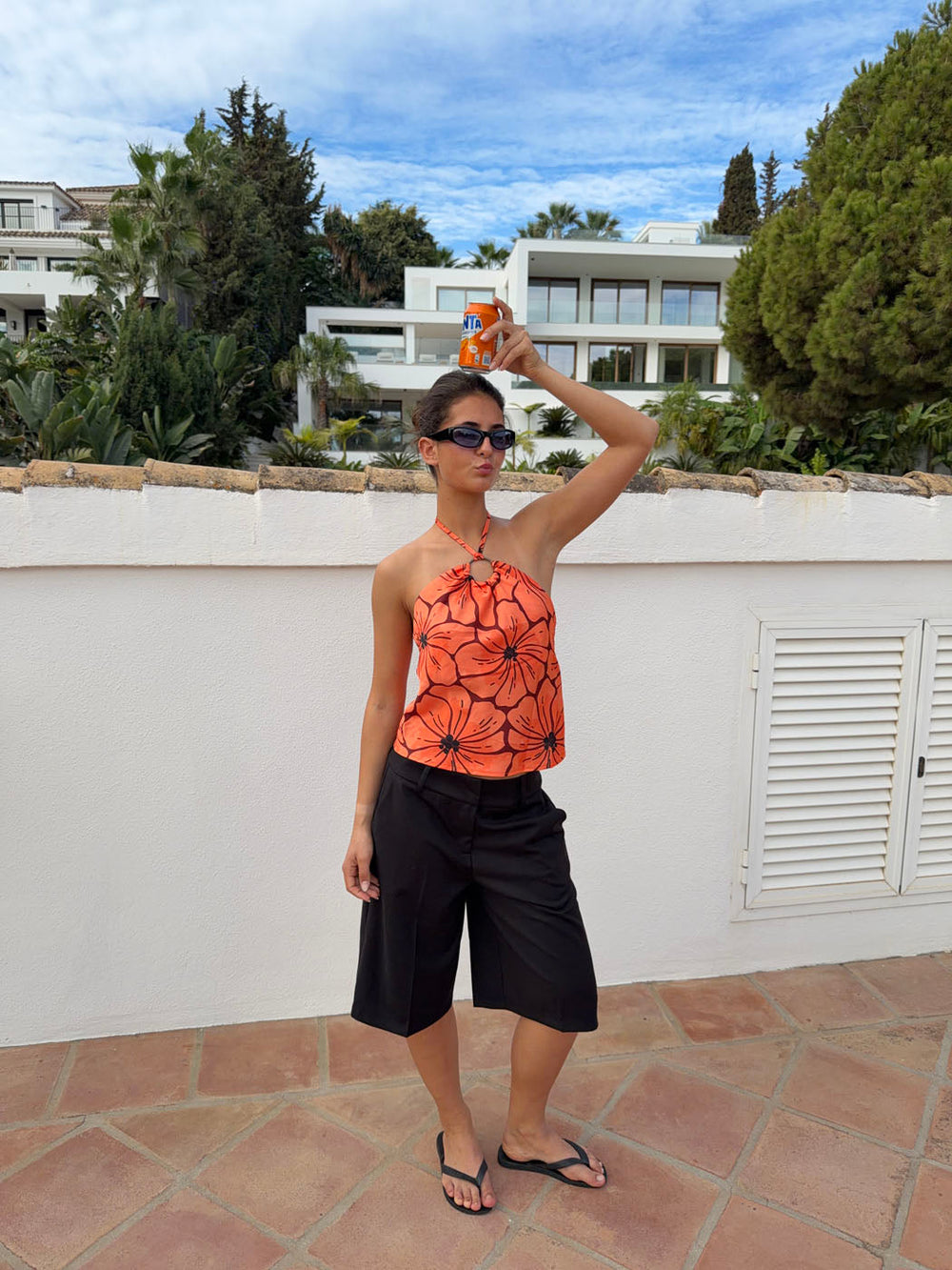 Sibilia top with flowers – Orange/black