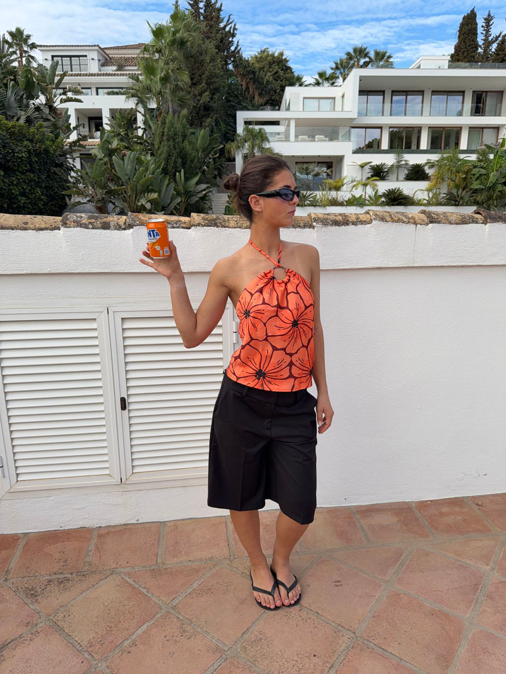 Sibilia top with flowers – Orange/black