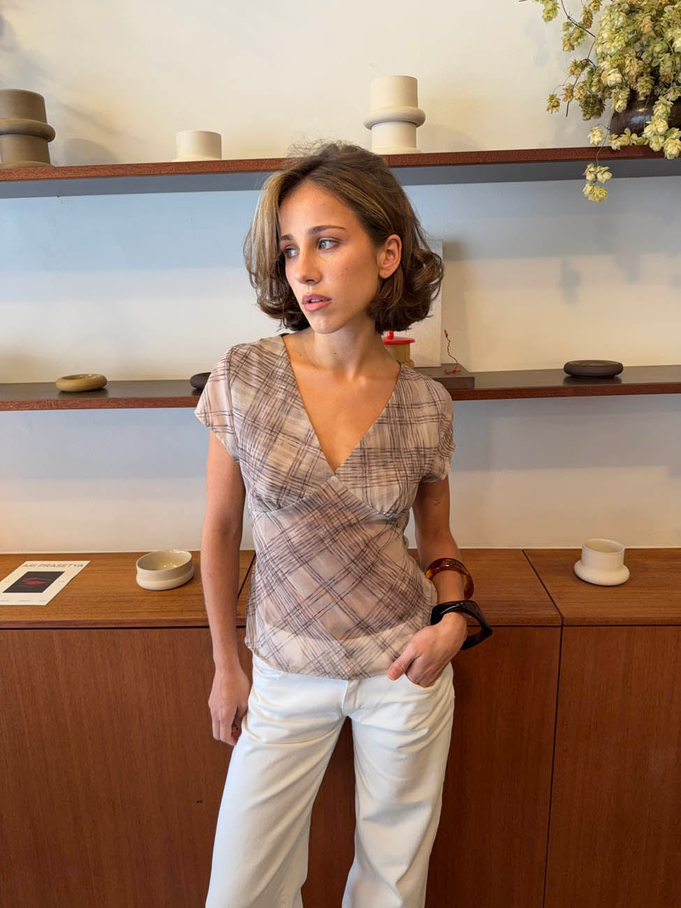 Leonorita top with checkered pattern - Beige/off-white