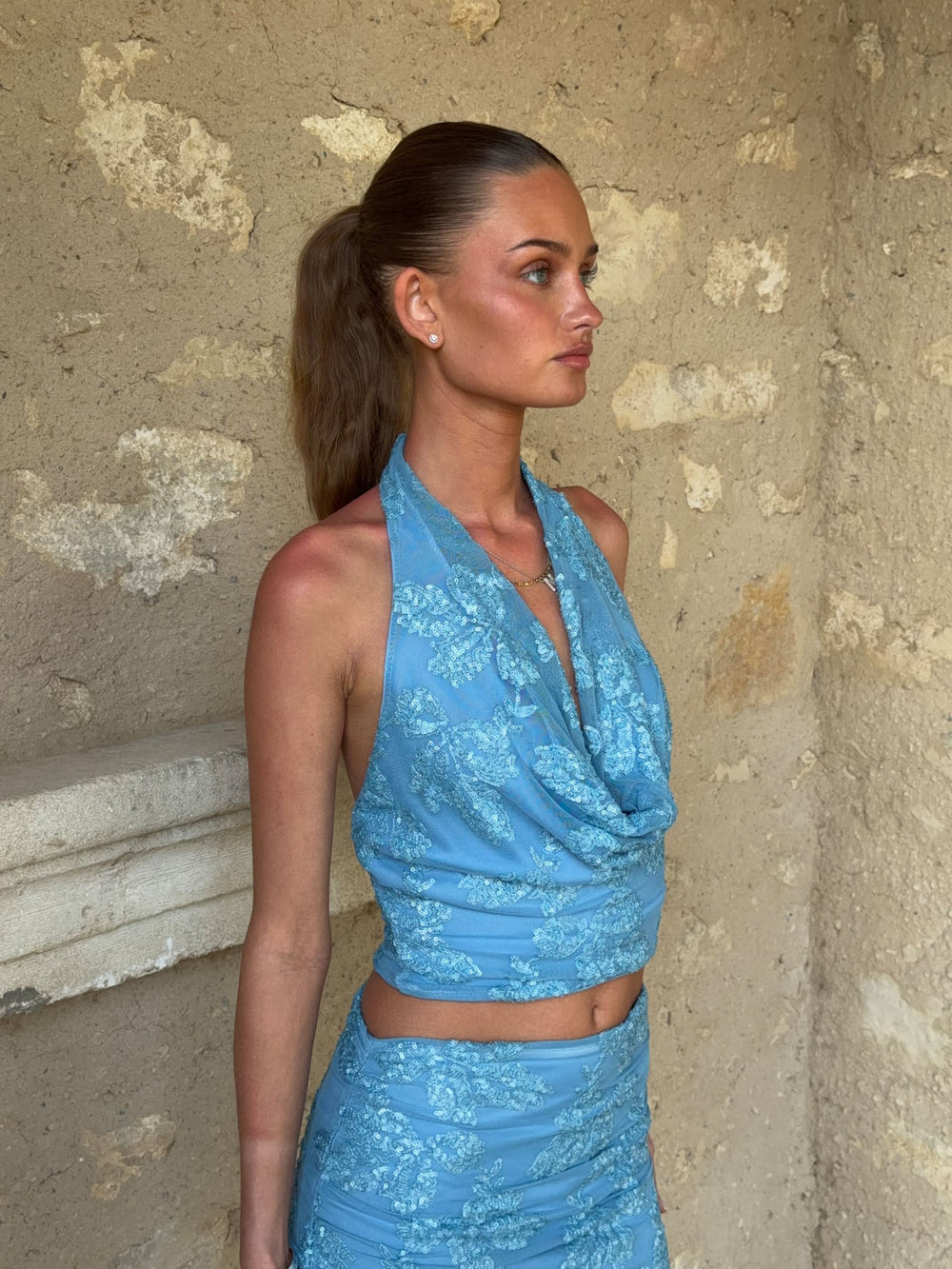 Aladina top with sequins flowers - Blue