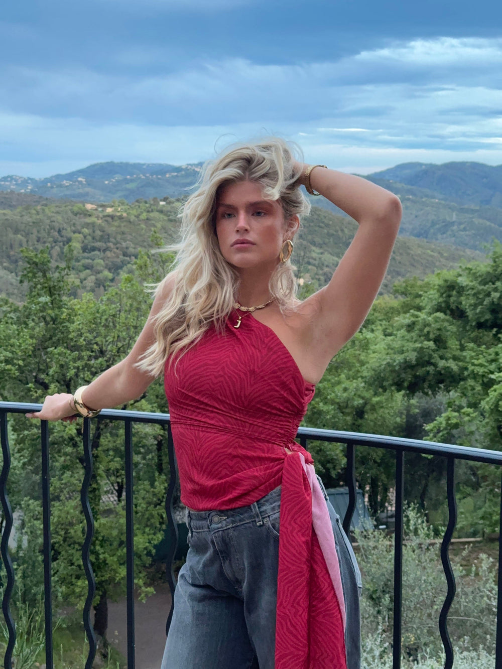 Orlane one shoulder top with zebra print – Red