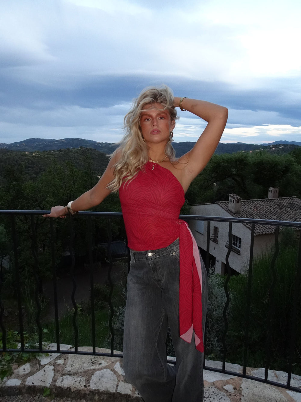 Orlane one shoulder top with zebra print – Red