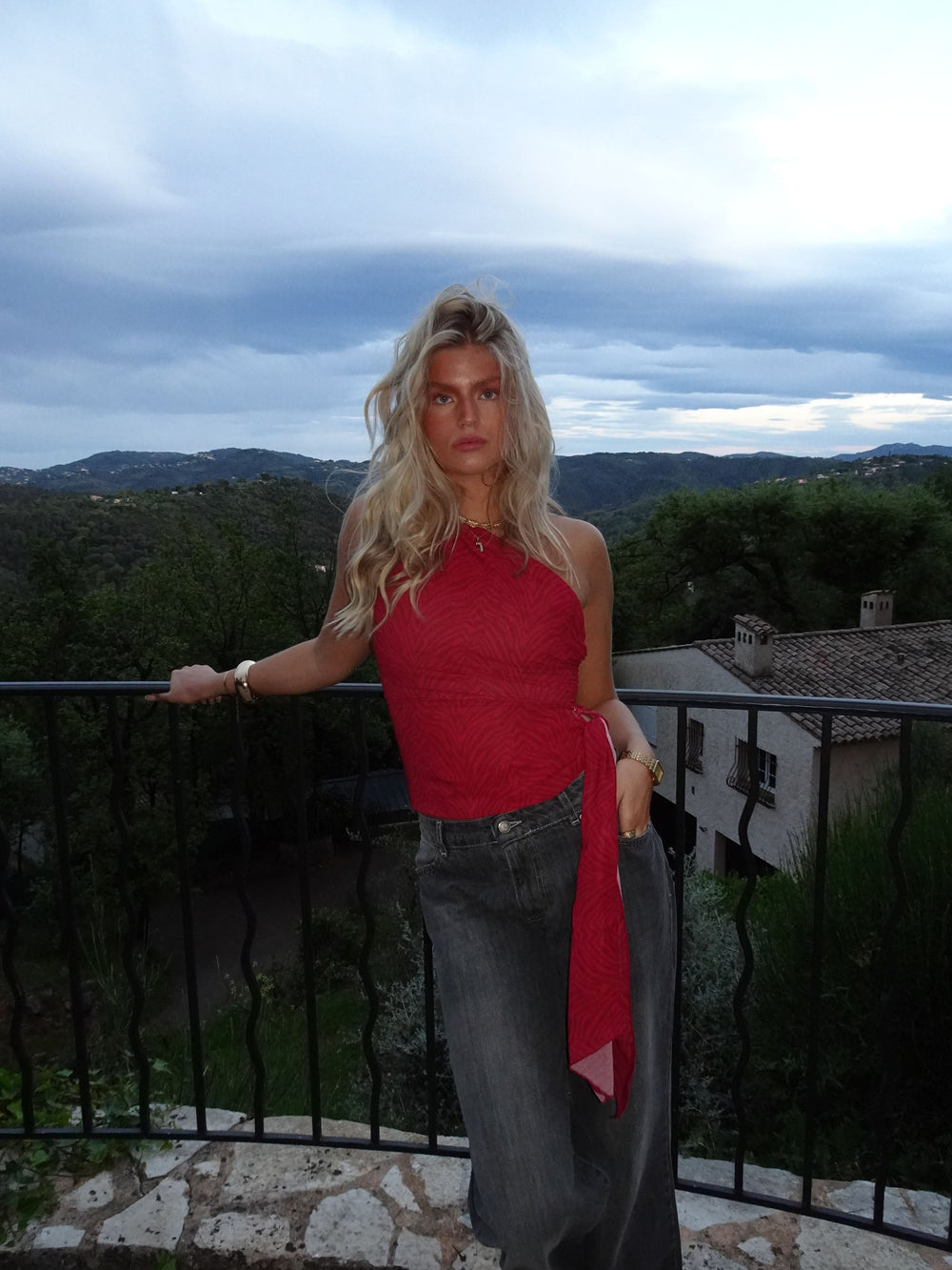 Orlane one shoulder top with zebra print – Red