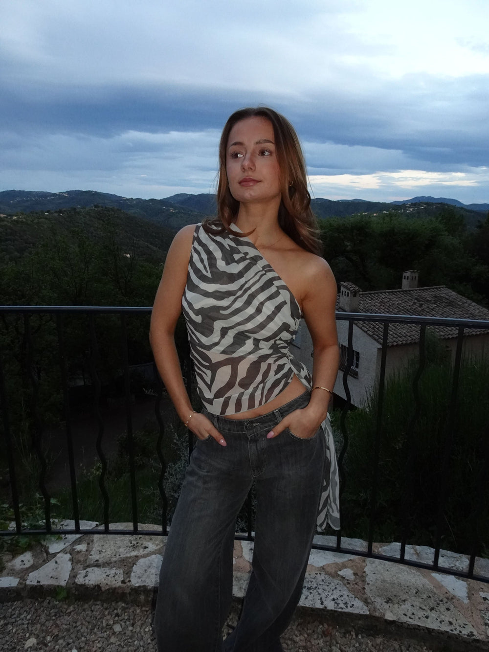 Orlane off shoulder top with zebra print – Black/white