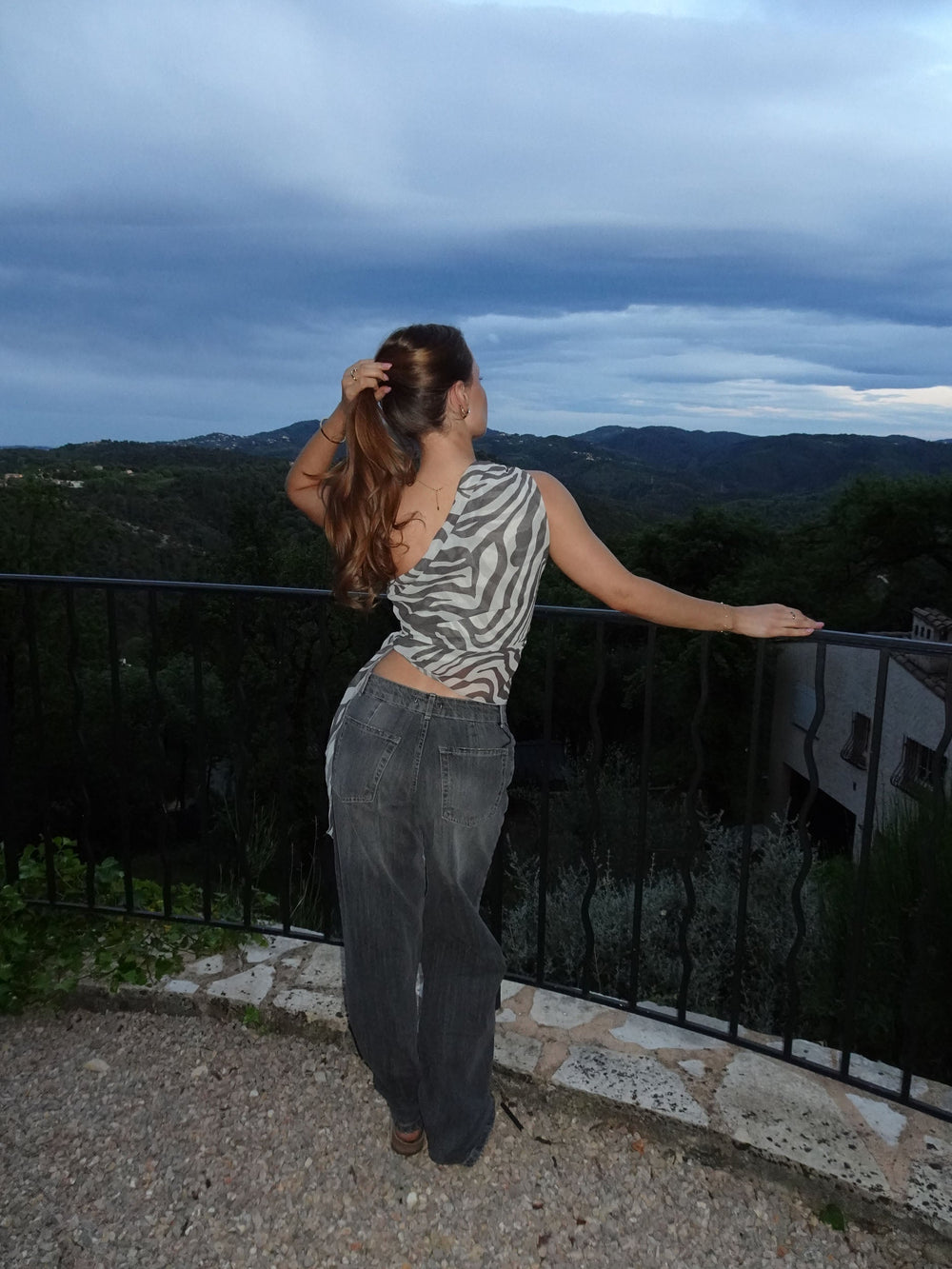 Orlane off shoulder top with zebra print – Black/white