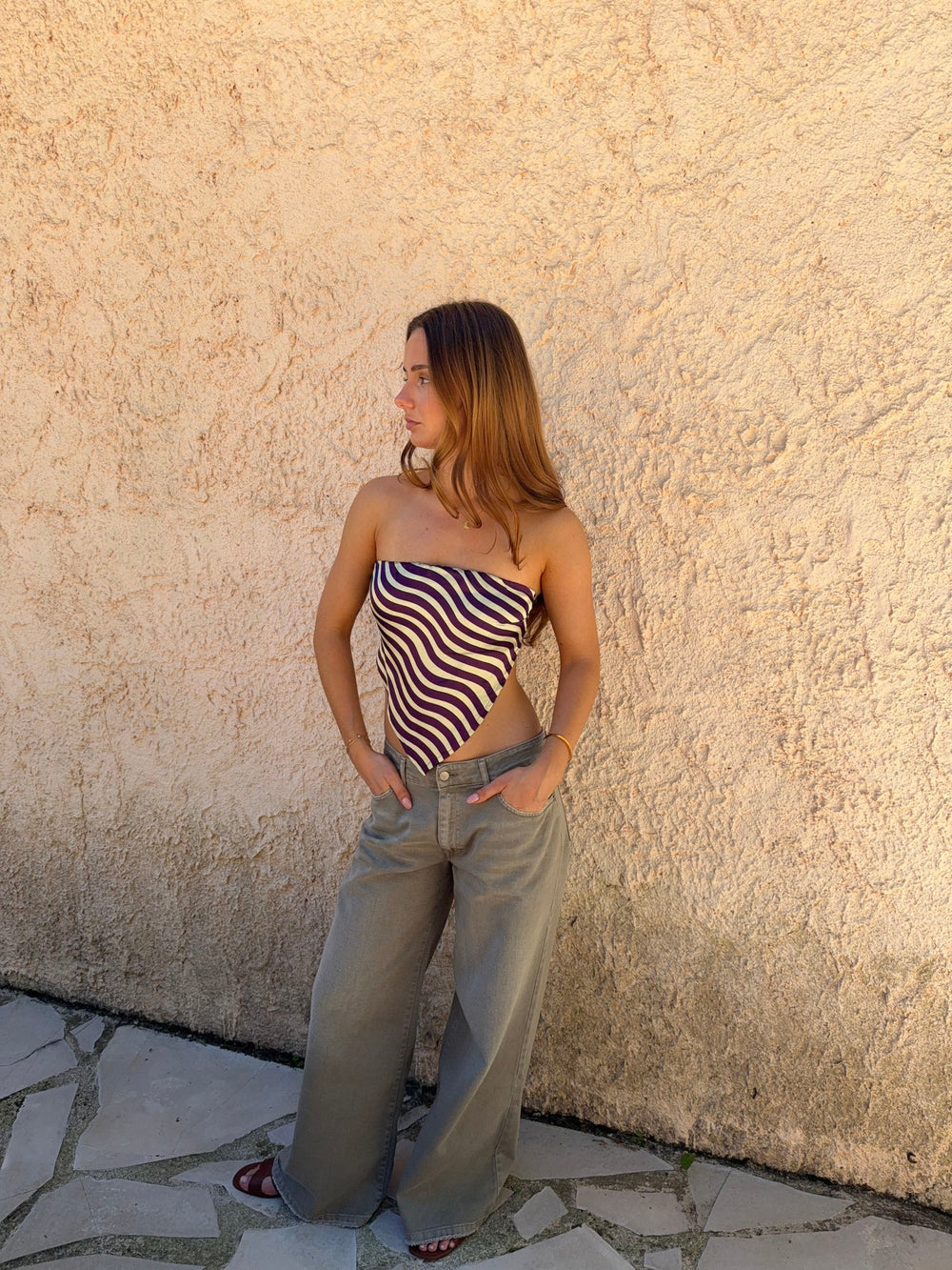 Oriane tube top with ties – Purple/yellow