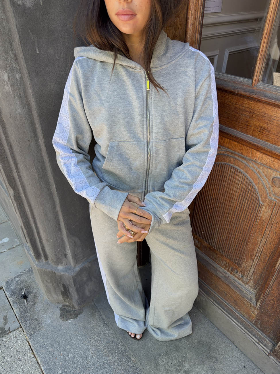 Oba zip hoodie with lace - Grey/white